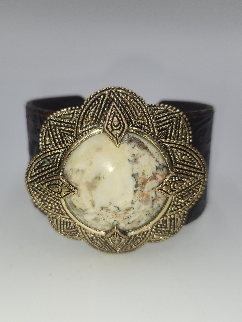 Vintage Barse Bronze Brown Embossed Leather African Opal Cuff Bracelet